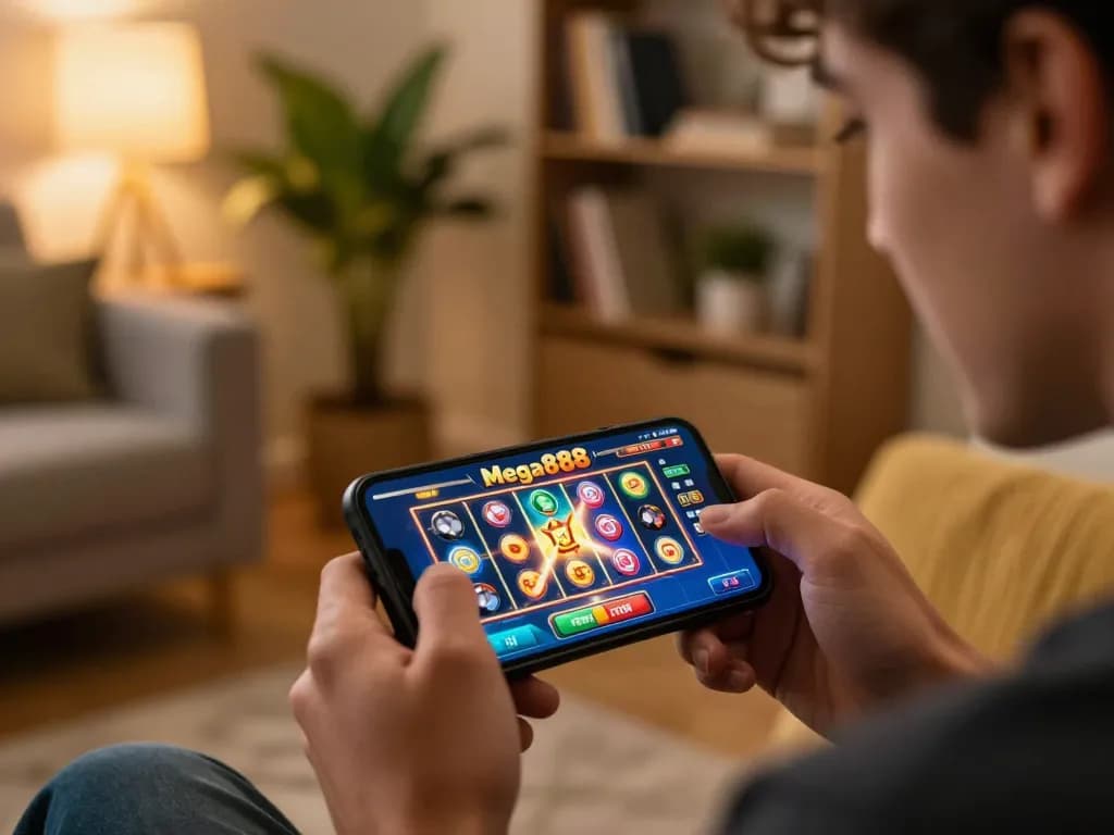 Engaging in online gaming with free credit mega888 on smartphone, showcasing a vibrant entertainment scene.