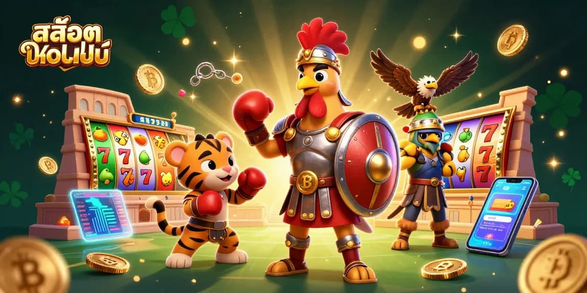 Spin the reels in สล็อตออนไลน์ with a vibrant casino scene featuring brave characters and neon coins.