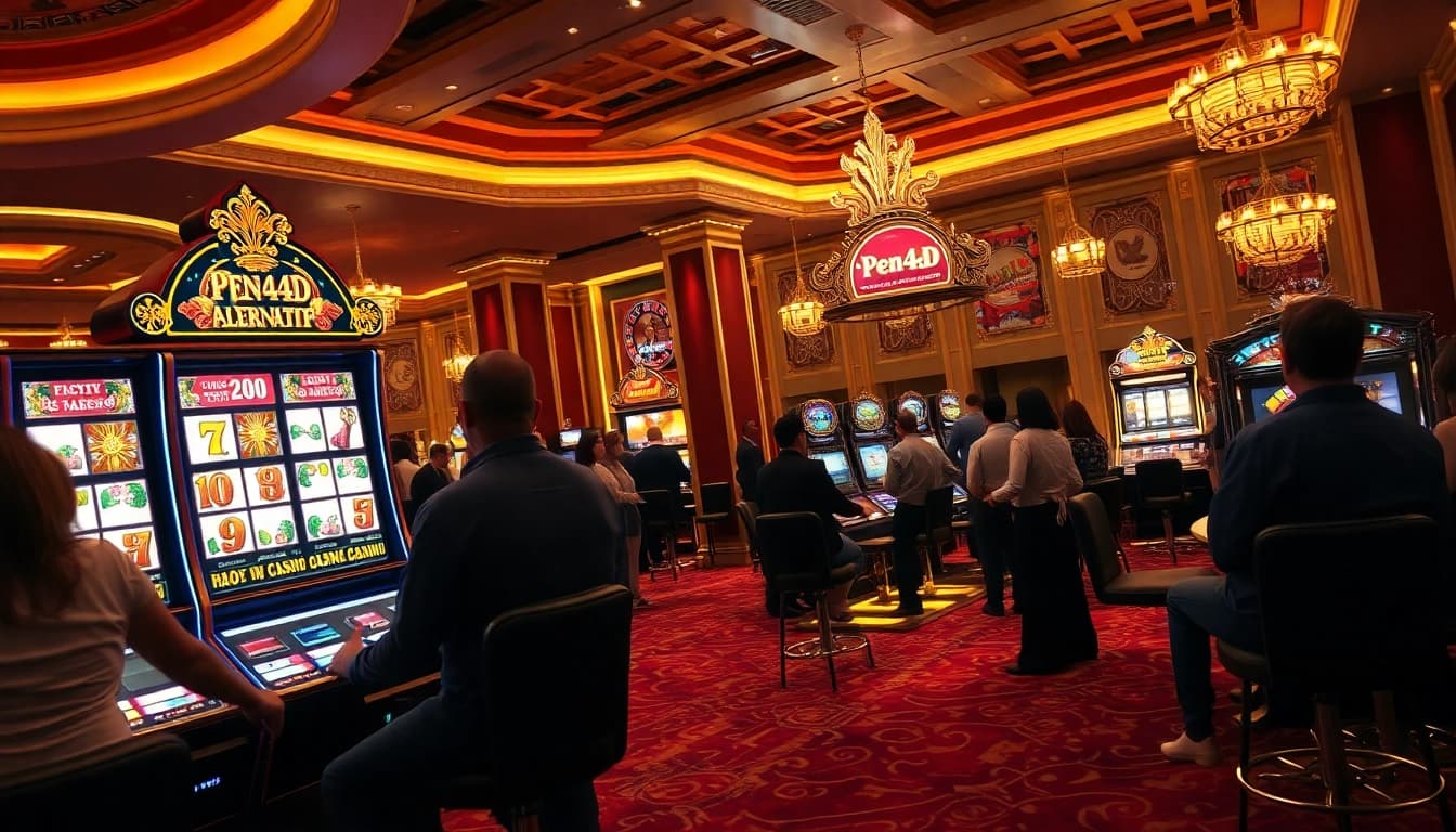 Exciting Pen4d alternatif slot machine lighting attracts enthusiastic gamblers in a luxury casino.