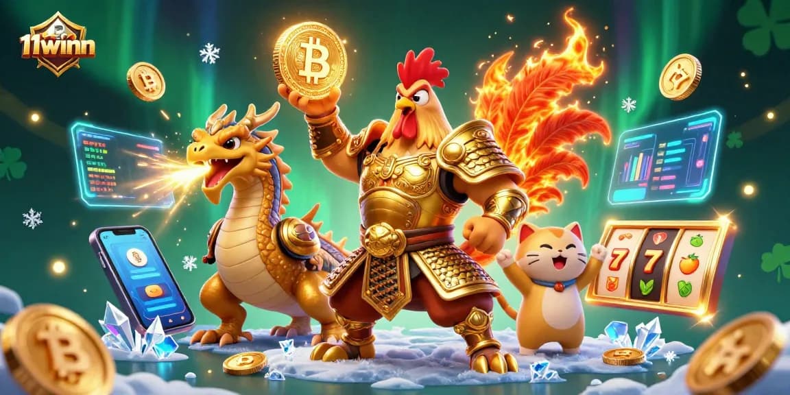 Engage with 11winn's vibrant slot scene featuring a rooster warrior and a dragon hatchling.