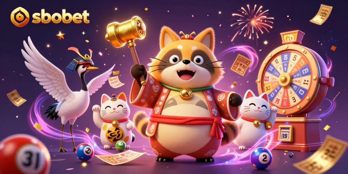 Experience sbobet gaming excitement with a cheerful tanuki, arcade elements, and festive backdrop.