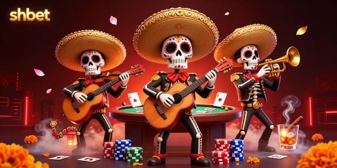 Experience shbet's vibrant casino atmosphere with a Day of the Dead mariachi band amidst poker elements.