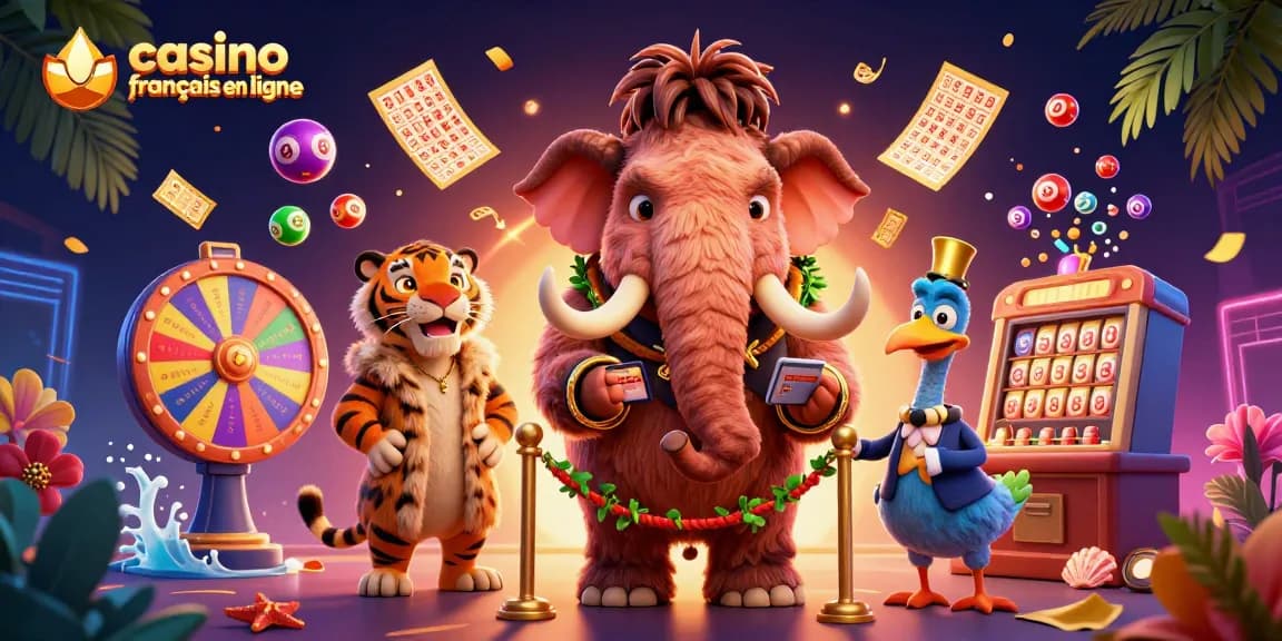Découvrez le casino français en ligne avec un mammouth bouncer et un tigre VIP dans un décor animé.