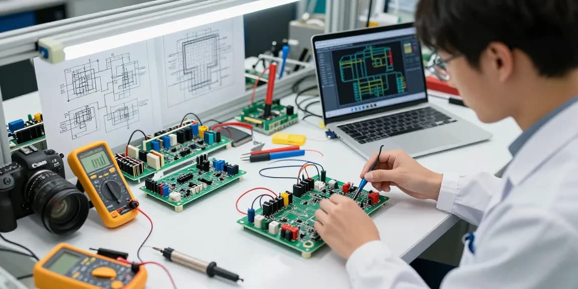 Engineer assembling wire connectors terminals in a bright workspace with tools and schematics