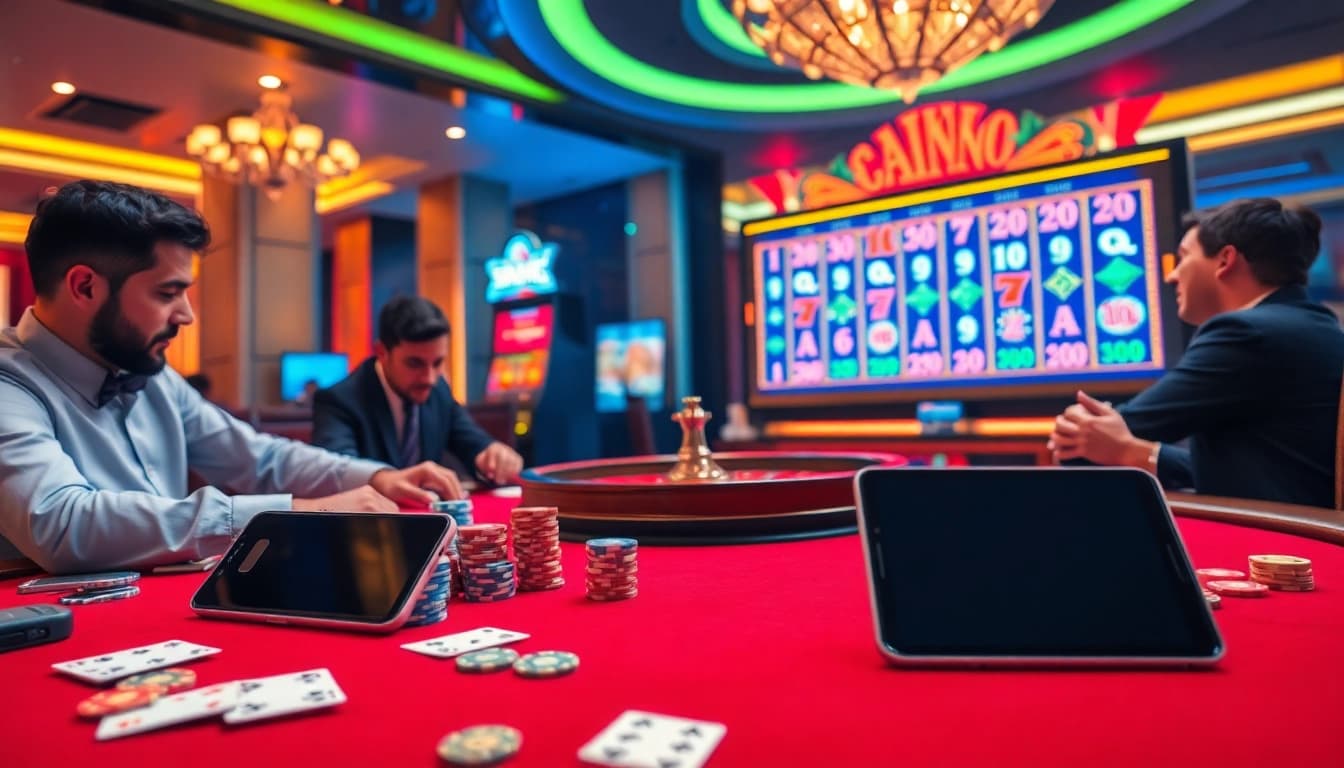 S8 casino scene showcasing high-stakes poker with luxury elements and modern devices.