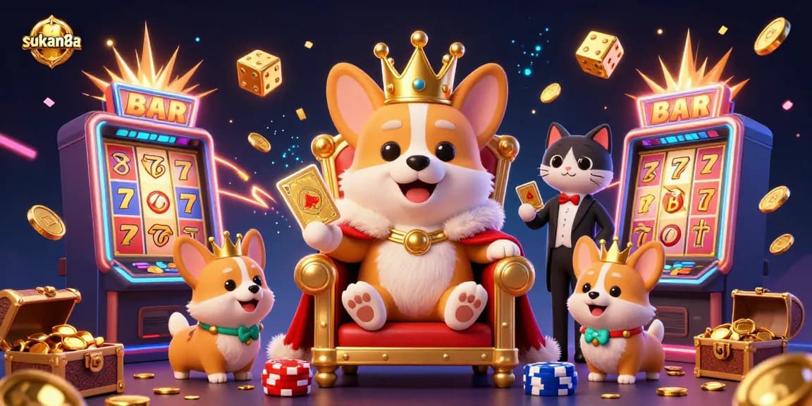 Sukan8a showcases an exciting casino scene with a royal corgi, slot machines, and golden coins bursting in action.