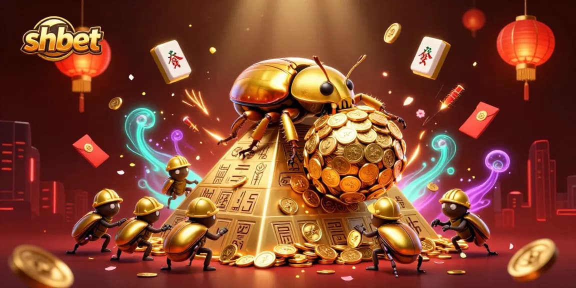 Engage in vibrant gambling action with shbet as a golden beetle rolls coins toward fortune.