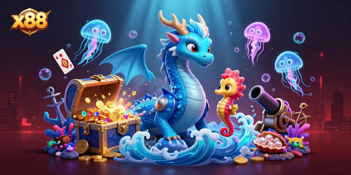 x88 online casino scene with a vibrant azure water dragon & treasures for players
