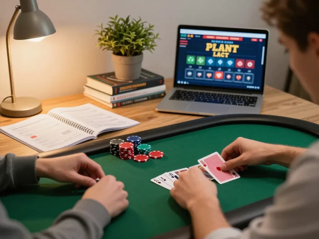 Player engaging in strategic online poker gameplay on 388bet tablet, showcasing cards and notes in cozy setting.
