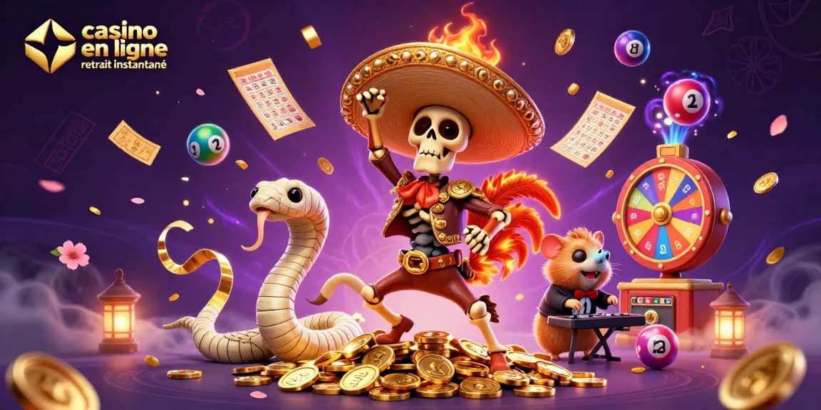 Illustration animée d'un casino en ligne retrait instantané avec un perroquet mariachi et des éléments de loterie colorés.
