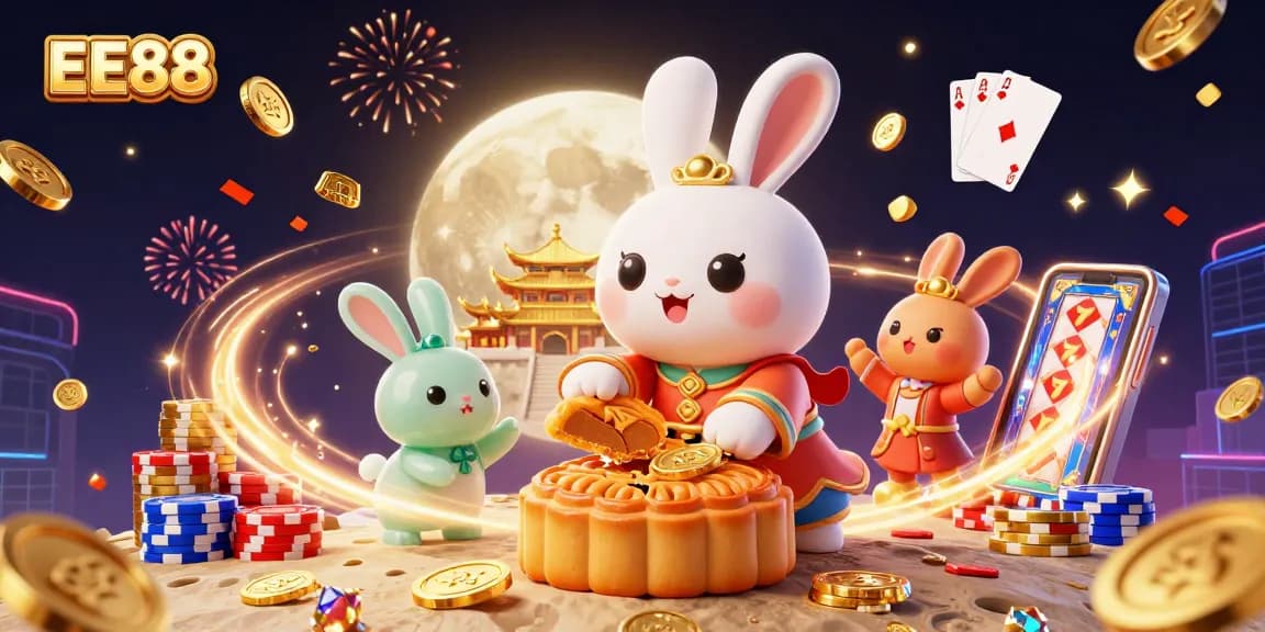 Experience the allure of EE88 with a vibrant casino scene featuring a moon rabbit, poker chips, and sparkling gems.