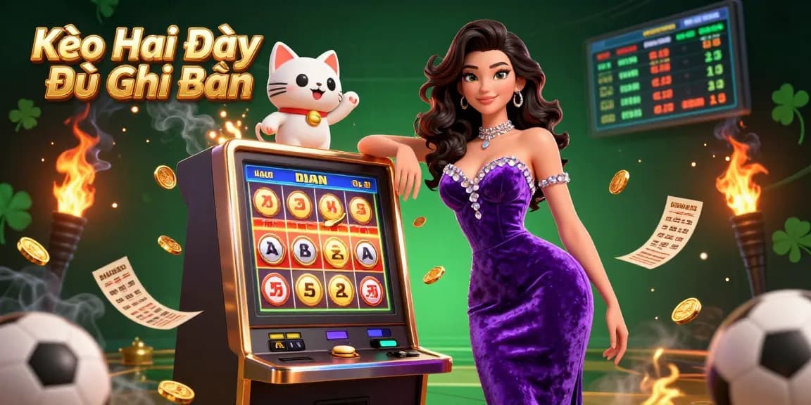 Kèo Hai Đội Đều Ghi Bàn showcases a glamorous lady on a jackpot slot machine, surrounded by footballs and betting slips.
