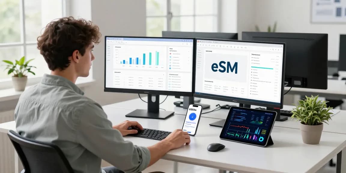 A análise de dados sobre eSIM Global em um ambiente de trabalho moderno, com foco em tecnologia.