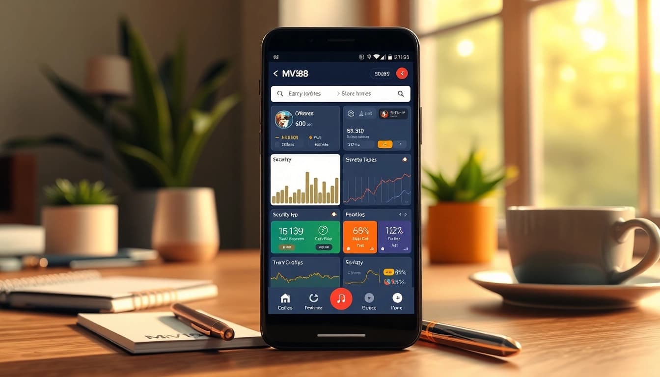 MV88 app interface displayed on a smartphone in a professional workspace.