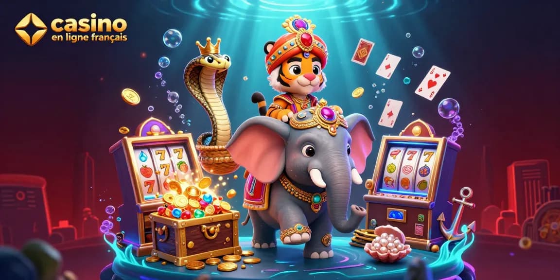 Découvrez des jeux palpitants au casino en ligne français avec une illustration 3D vibrante d'un tigre maharaja appréciant une scène de casino animée.