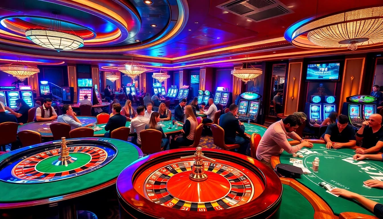 Engaged players at a vibrant casino showcasing 79king com, featuring roulette, poker, and slots.