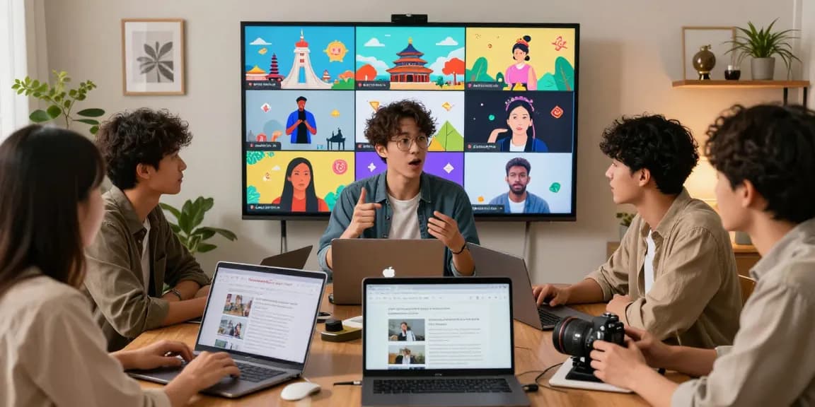 Engaging cultural discussion about Asian pop culture at https://hanadultalk.com with diverse young adults sharing insights in a vibrant setting.