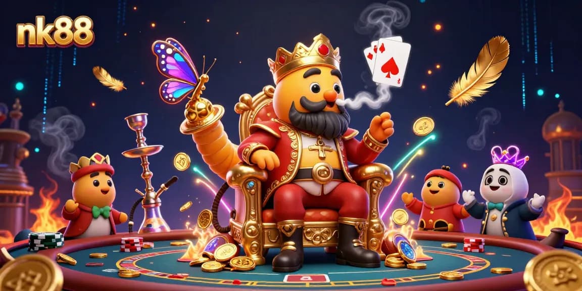 Engage in thrilling gameplay at nk88 with vibrant casino visuals featuring poker elements and energetic characters.
