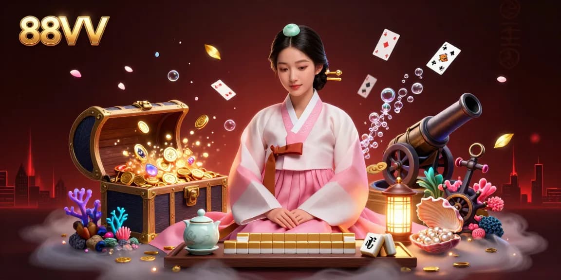 Engage with 88VV's thrilling gaming adventure featuring a serene Asian woman and bursts of underwater treasures.