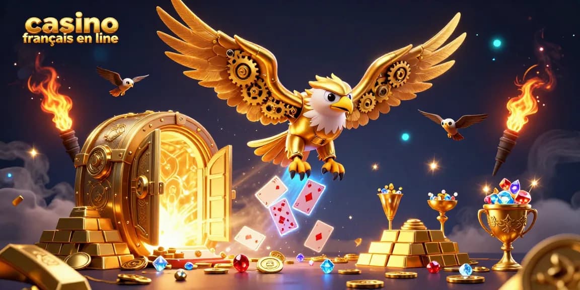Jouez au casino francais en ligne avec un aigle cybernétique plongeant à travers des cartes holographiques éclatantes.