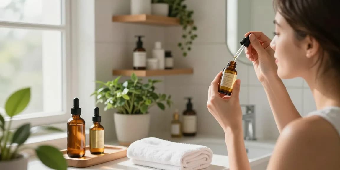 Applying glow peptide serum for radiant skin in serene bathroom environment