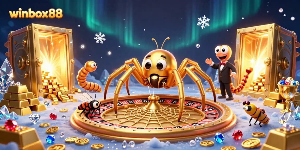 Bet big with winbox88, where a fly nervously places bets near a golden roulette wheel web.