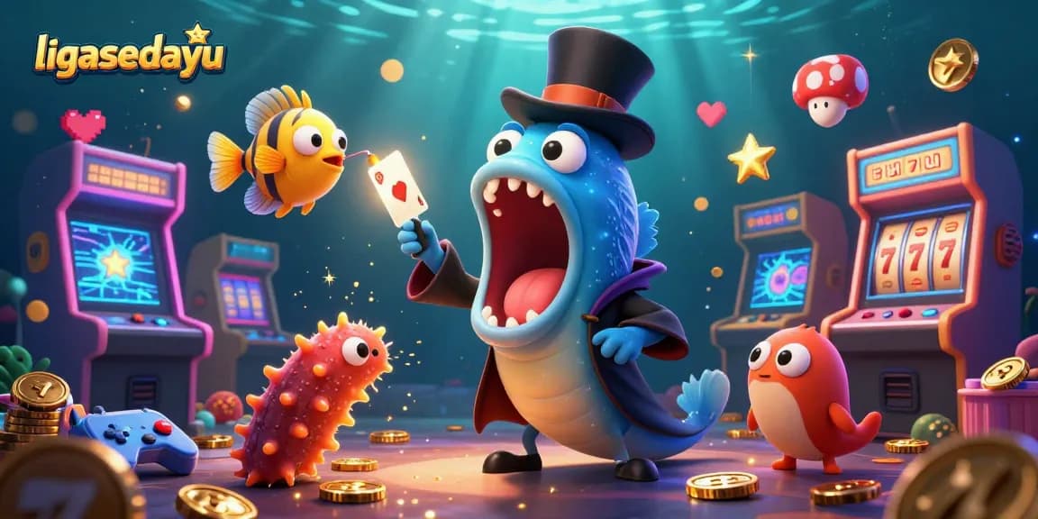 Engage with ligasedayu's vibrant casino slots featuring animated sea creatures in a magical underwater scene.