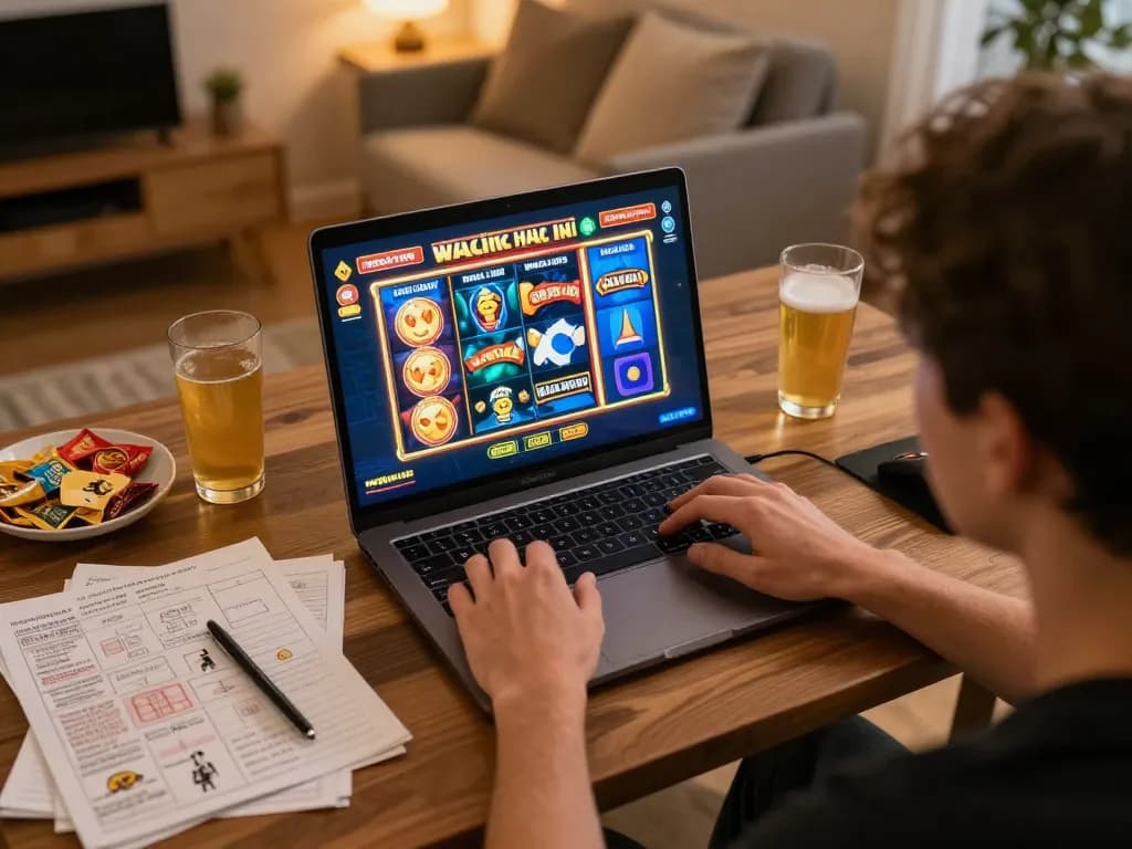 Engaging gameplay on slot gacor hari ini as player spins on laptop in a cozy home setting