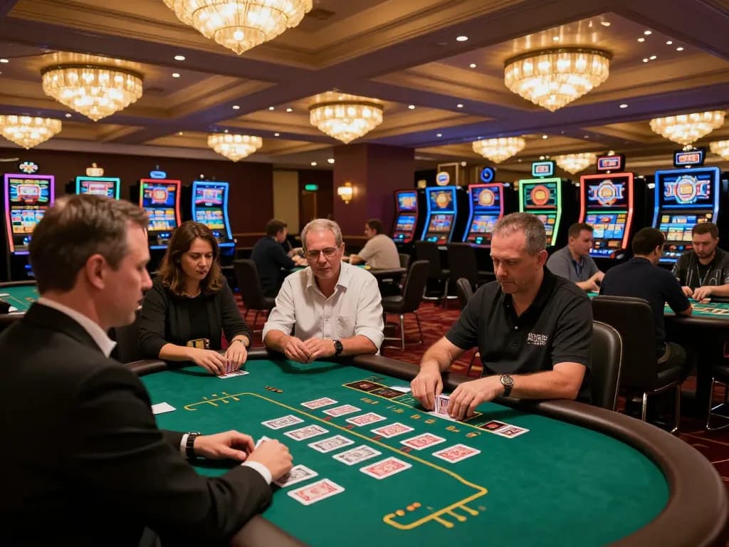Các người chơi Go88 tham gia vào trò chơi chiến lược tại một casino sôi động, thể hiện bầu không khí hồi hộp của cá cược.