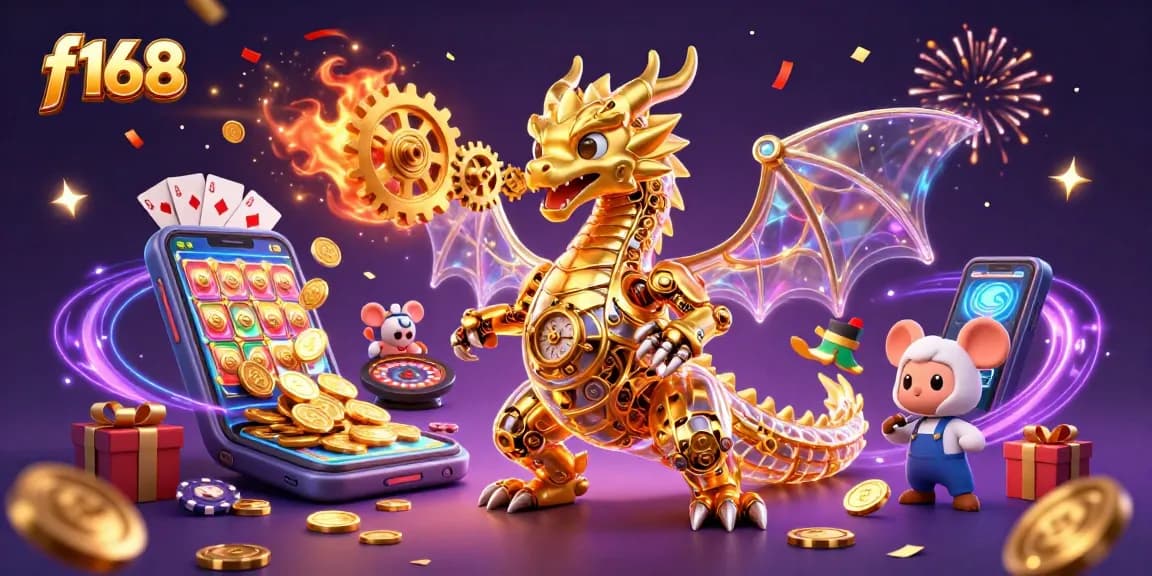 Join the excitement at f168 casino with dynamic games and vibrant energy in a dazzling illustration.