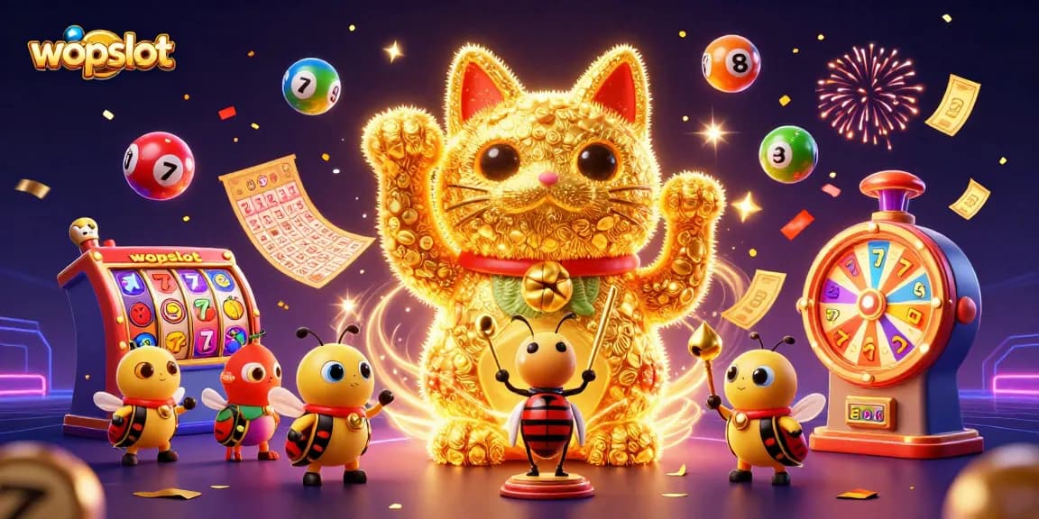 Permainan slot terintegrasi wopslot dengan tema kucing keberuntungan dari serangga berapi-api yang melambai.