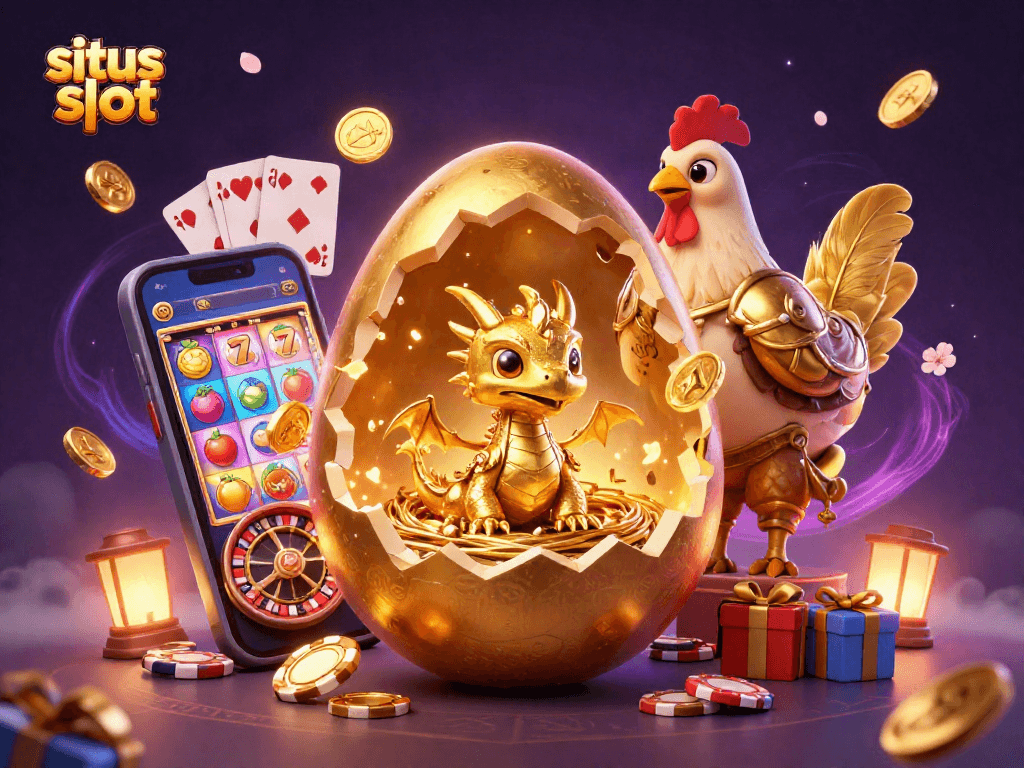 Experience engaging situs slot games with a golden dragon, poker chips, and dynamic gaming elements.