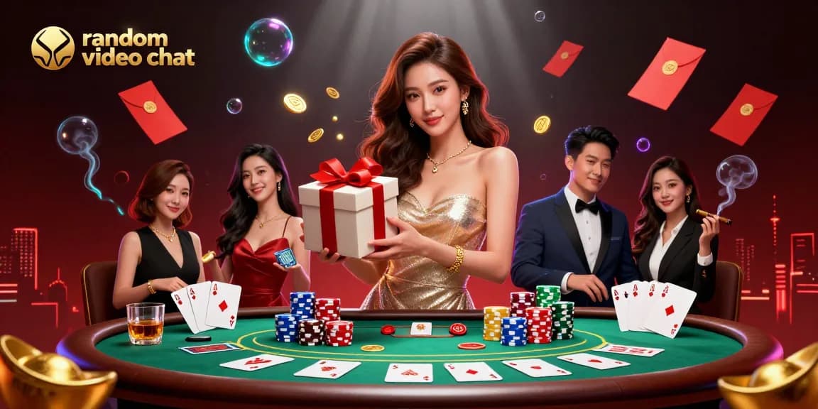 Engage in random video chat while connecting with players in a vibrant casino scene filled with excitement.