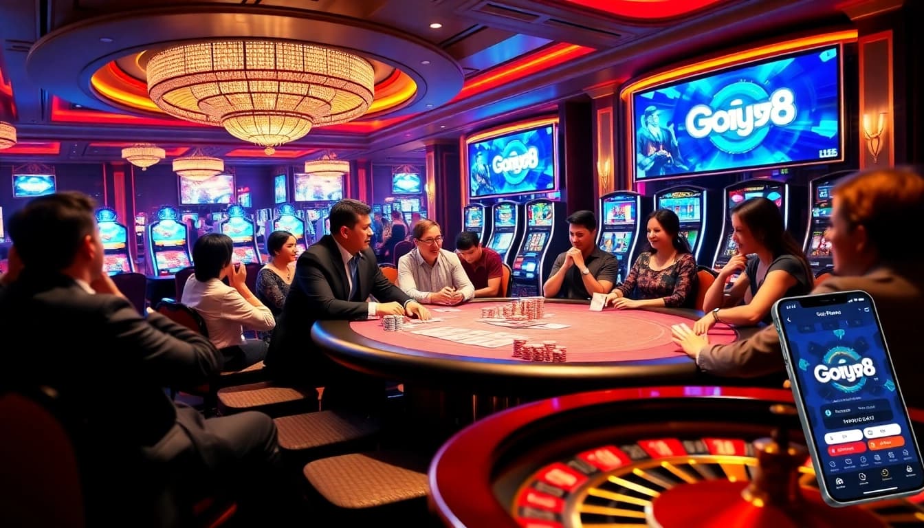 Gopay88 players enjoying high-stakes poker at a luxury casino table with vibrant decor.