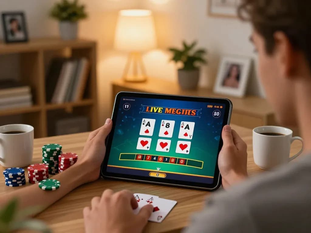 A player enjoys blackjack at home, showcasing Fun88 com online gaming with strategy notes.