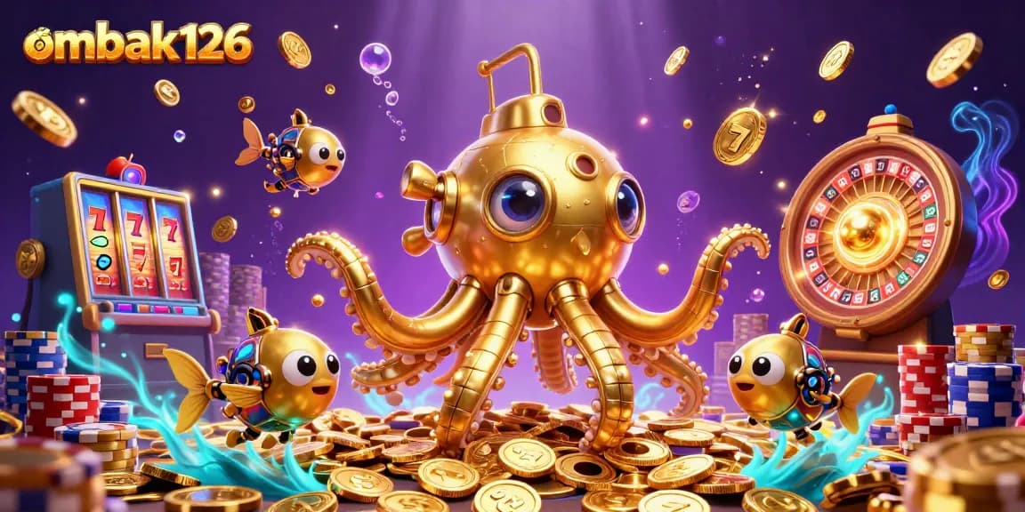 ombak126 showcases an epic underwater casino scene filled with golden coins and slot riches.