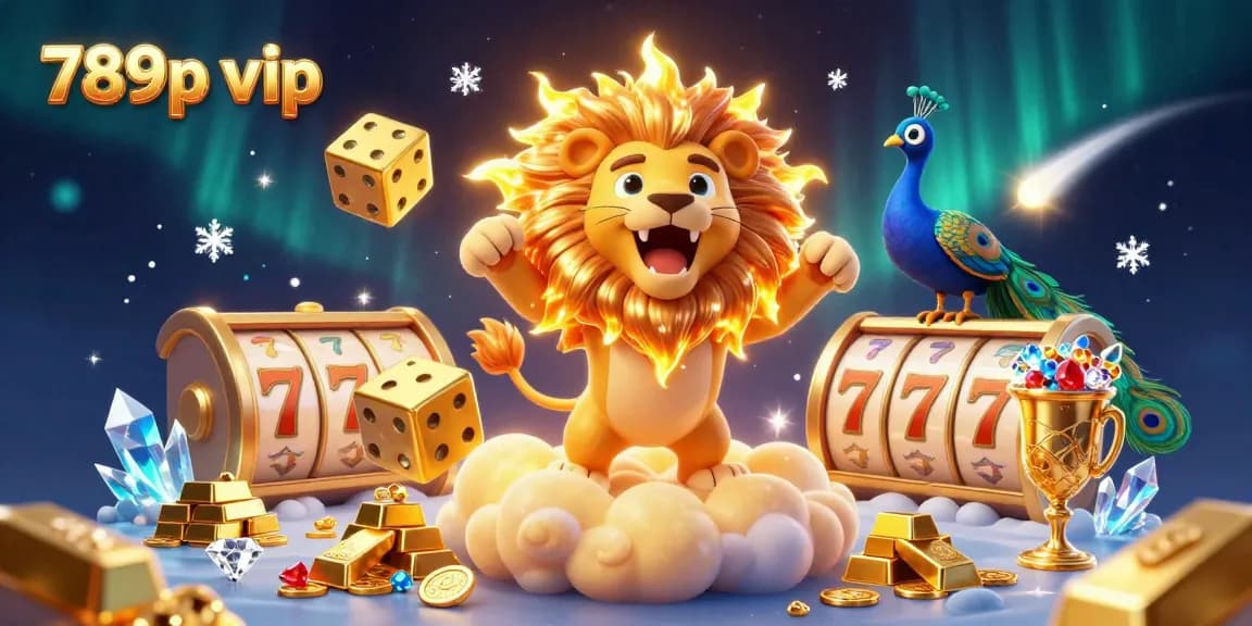 Engage with 789p vip in a vibrant 3D casino scene featuring a roaring lion, golden dice, and dynamic slots.