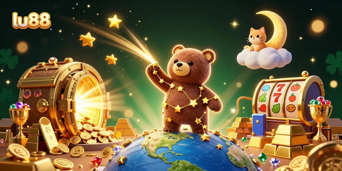 lu88 showcases a vibrant casino scene with characters and slot symbols, enticing players to win big.