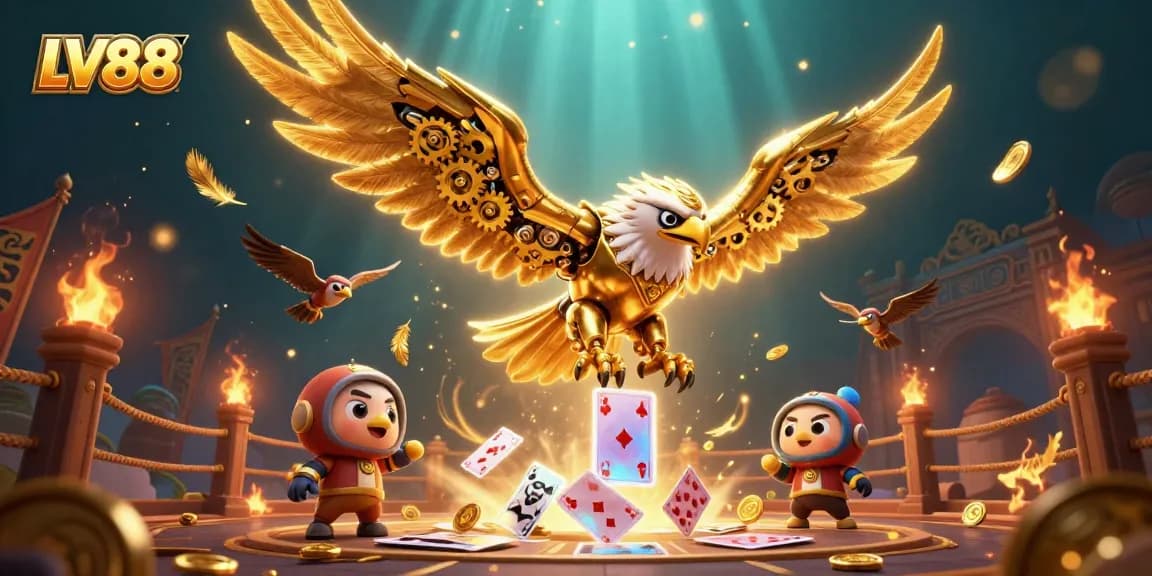 LV88's golden eagle dives through virtual playing cards, showcasing exciting online gaming elements.