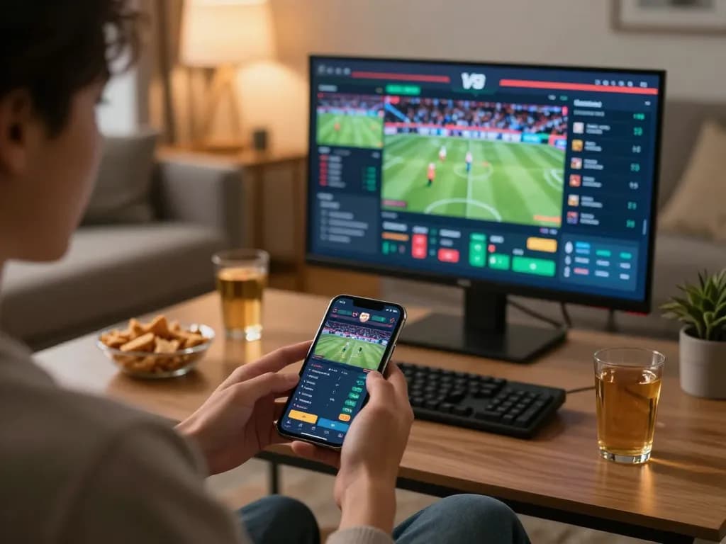 Exciting sports betting experience at https://rikvip75.com/ with a player using a smartphone in a relaxed home setting.