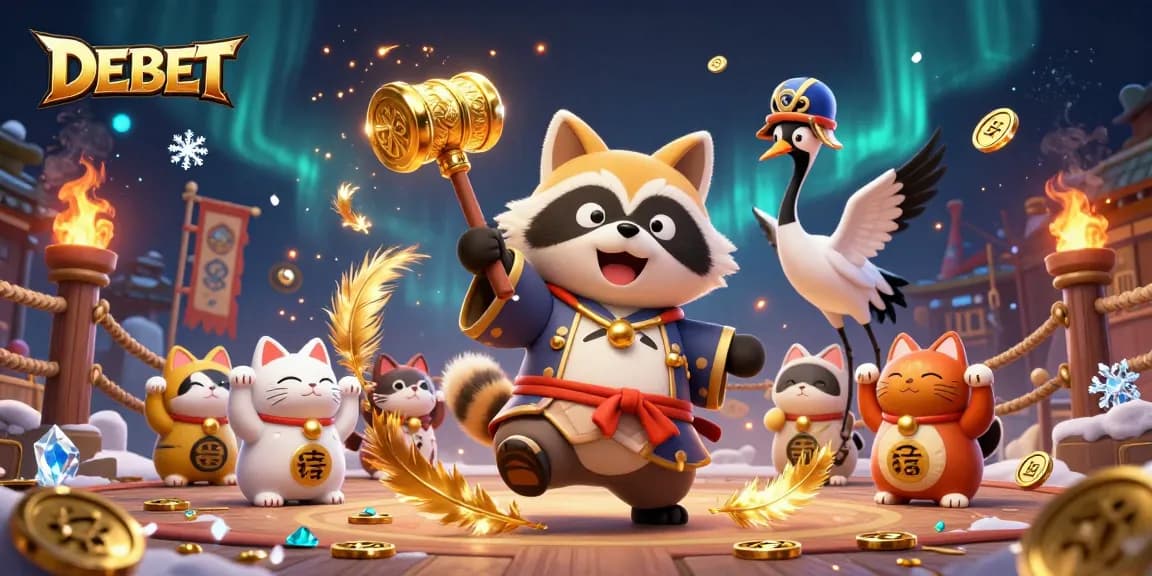 Engage with DEBET's vibrant casino scene featuring a cheerful tanuki, lucky mallet, and fortune cats.