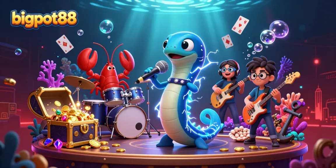 Experience bigpot88 gaming excitement with an electric eel DJ and lively underwater casino scene.