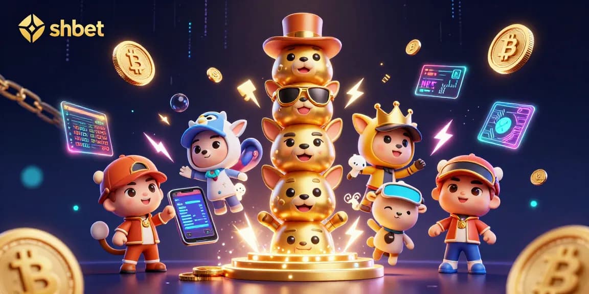 Play and win at shbet, featuring a vibrant illustration of dynamic casino elements and crypto coins.