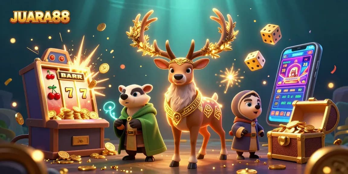 Experience the thrill of JUARA88 with vibrant casino elements and 3D fantasy characters.