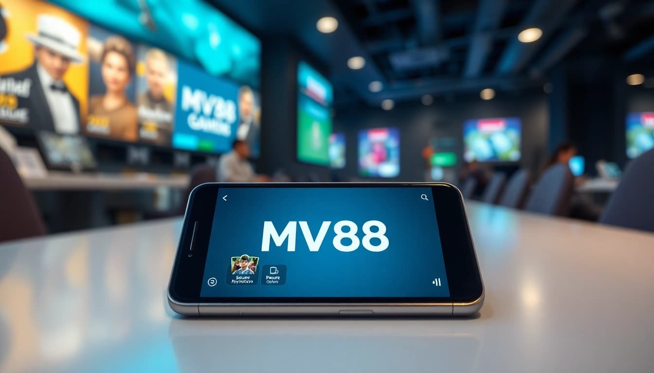 The MV88 app displayed on a smartphone showcasing secure online gaming features.