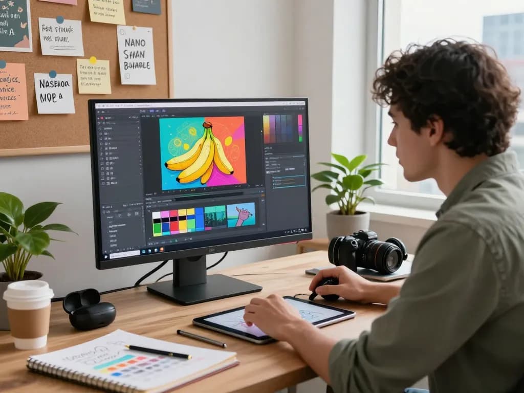 Digital creator using nano banana 2 AI image editor in a creative workspace with vibrant visuals on screen.