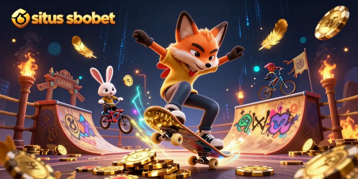 Situs sbobet fox and rabbit characters performing tricks, set against an engaging gambling-themed background