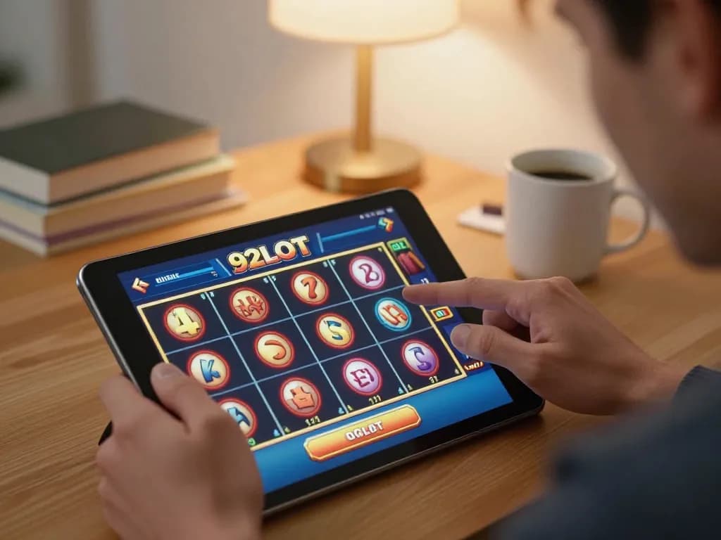 92slot player tapping on tablet screen, enjoying dynamic online gaming at home in a cozy atmosphere