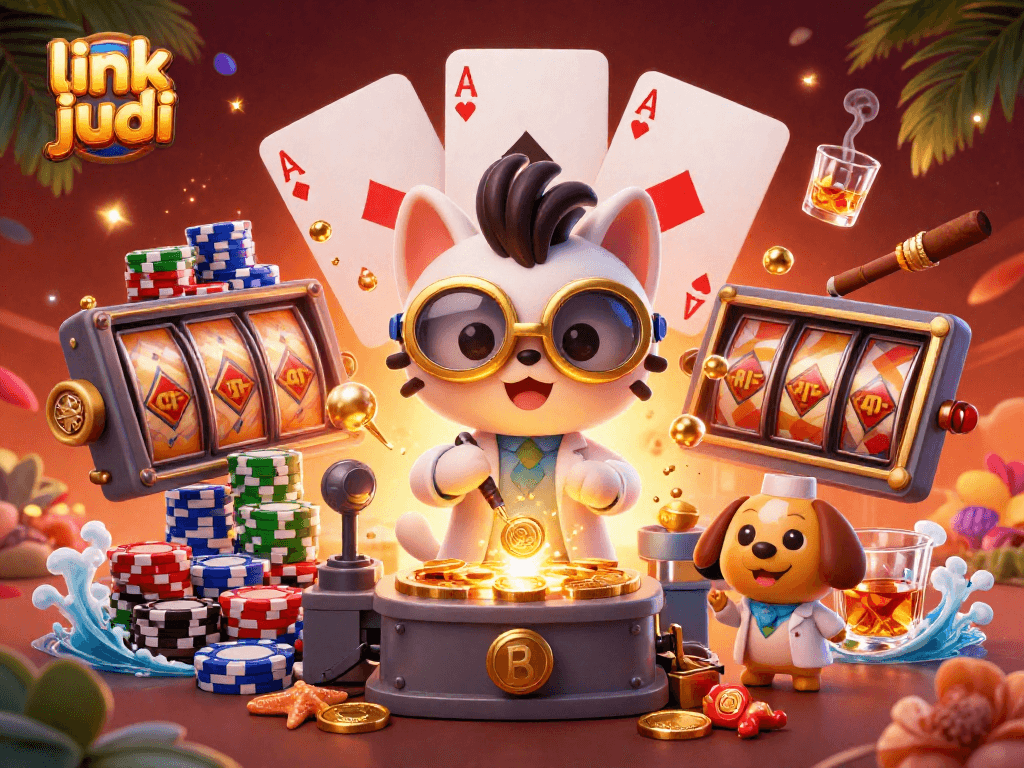Engage in thrilling slot action with the link judi illustrated by a mad scientist cat and assistant in a casino-themed lab.