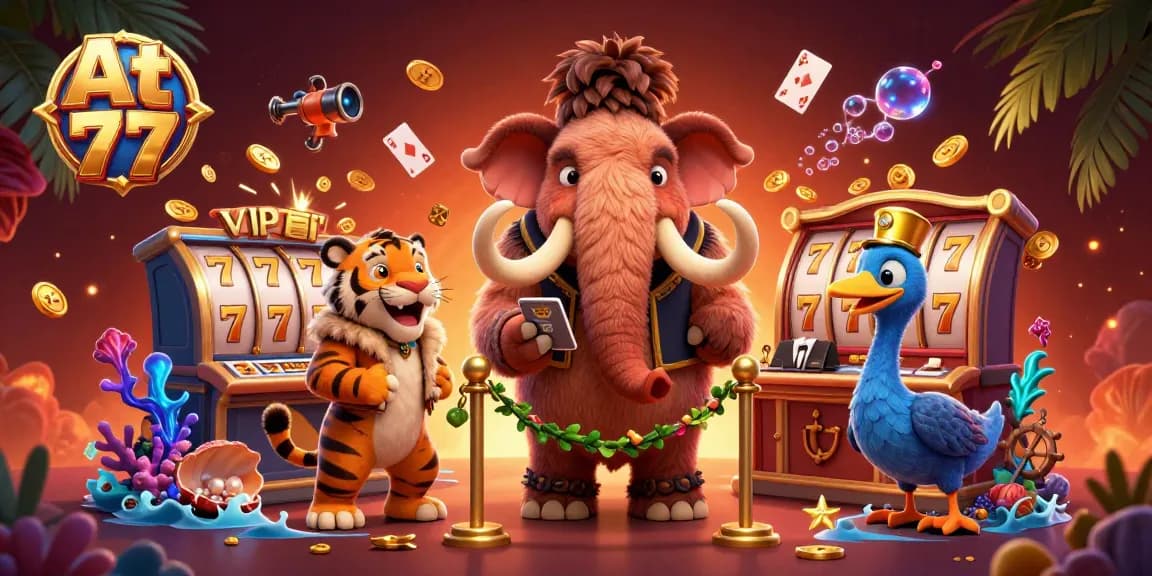 Experience exciting game action at At 77 with cartoon characters amidst a vibrant casino scene.
